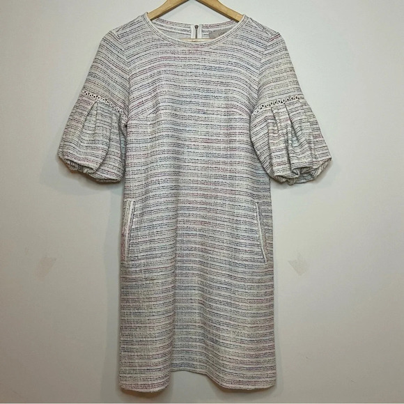 LOFT Colorful Boucle Tweed Puff Sleeve Shift Dress - Picture 2 of 9